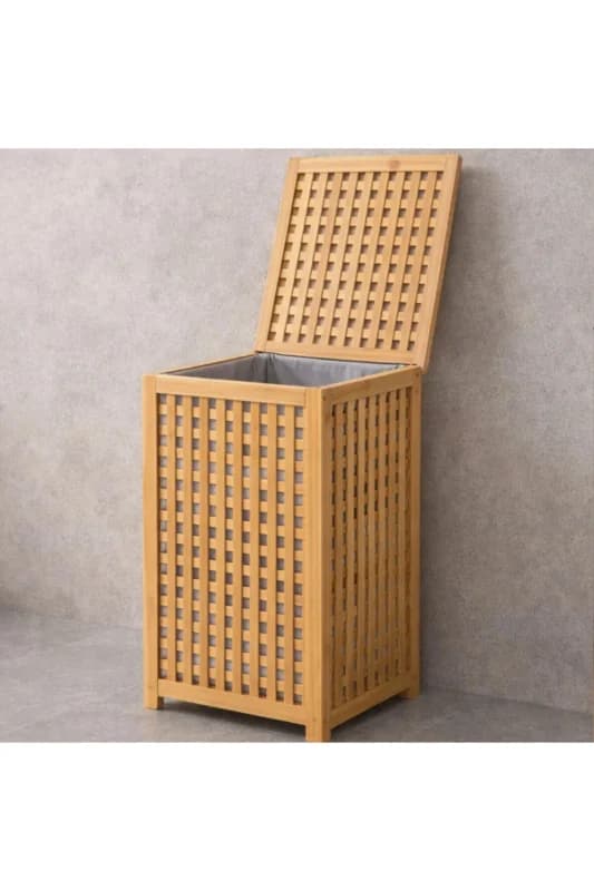 Kalın Ahşap Bambu Kirli Çamaşır Sepeti Kumaş Çantalı SEPET=40X40X58CM