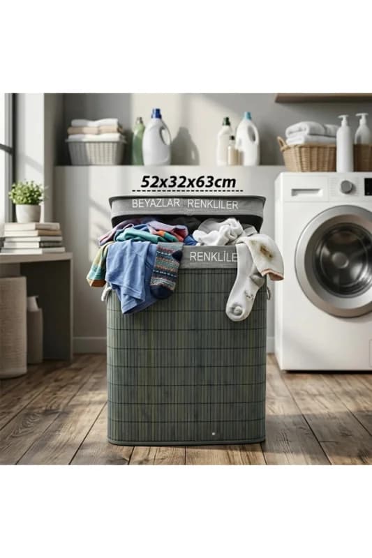 Gri Dikdörtgen 2 Bölmeli 52X32CM Y:63CM Bambu Ahşap Kirli Çamaşır Sepeti Kumaş Çantalı İp Kulp