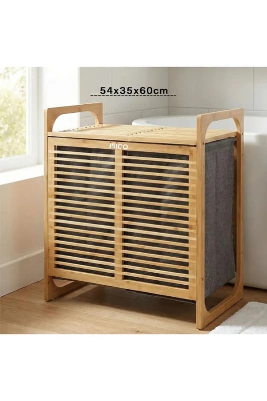 Kalın Ahşap Bambu 2 Bölmeli Kirli Çamaşır Sepeti Kumaş Çantalı SEPET=54X35X60CM
