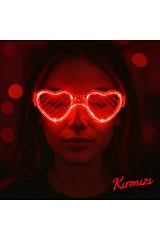 Kırmızı LED Işıklı Kalp Gözlük – 3 Modlu Parti - Glow Gözlüğü
