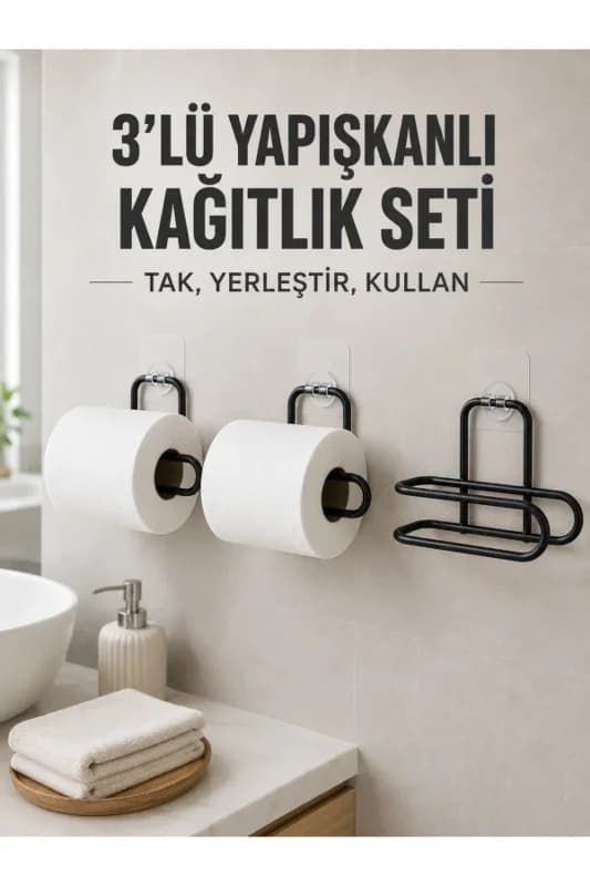 3’lü Siyah Duvar Tipi Kağıtlık Seti Yapışkanlı Pratik Rulo Tutucu