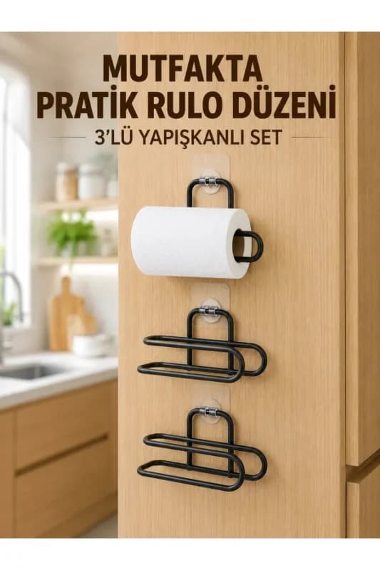 3’lü Yapışkanlı WC Kağıtlığı Siyah Rulo Tutucu Banyo ve Mutfak Kullanımı