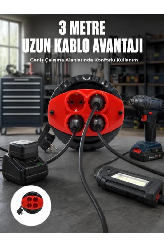 3 Metre Kablolu 4’lü Kırmızı Priz Makara