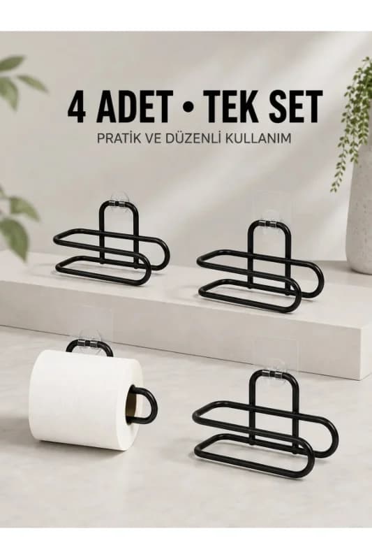 Duvara Yapışkanlı WC Kağıtlık Siyah Metal 4 Adet Tuvalet Kağıdı Rulo Askısı