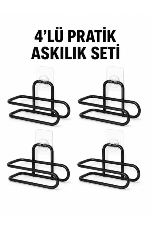 Siyah Metal WC Kağıtlık Yapışkanlı Duvar Tipi Tuvalet Kağıdı Tutucu Seti 4 Adet
