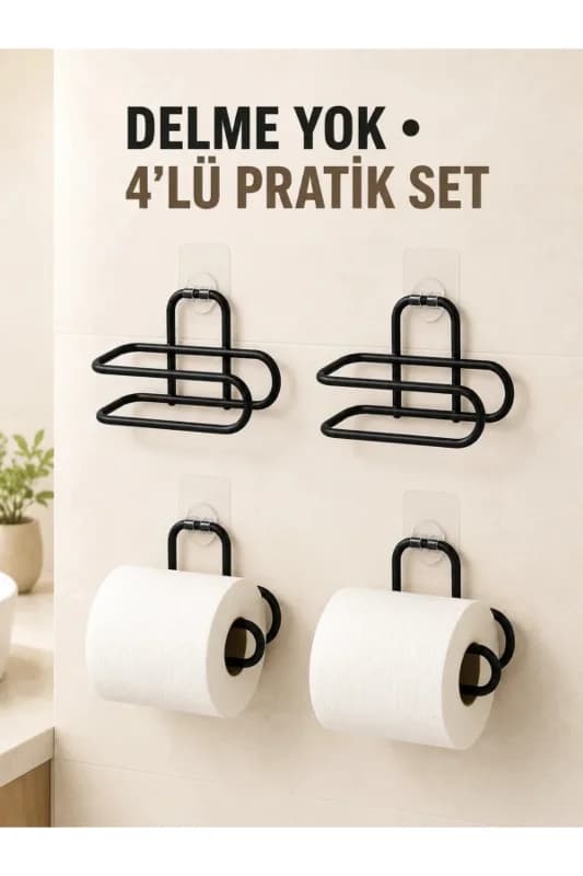 Siyah 4 Adet Metal Tuvalet Kağıdı Tutucu Kendinden Yapışkanlı Delmeden Montaj Banyo Askısı