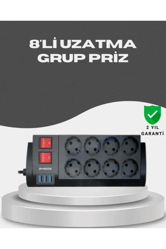 Akım Korumalı 8’li Priz 3 USB’li Uzatma Kablosu Isıya Dayanıklı 2 Metre