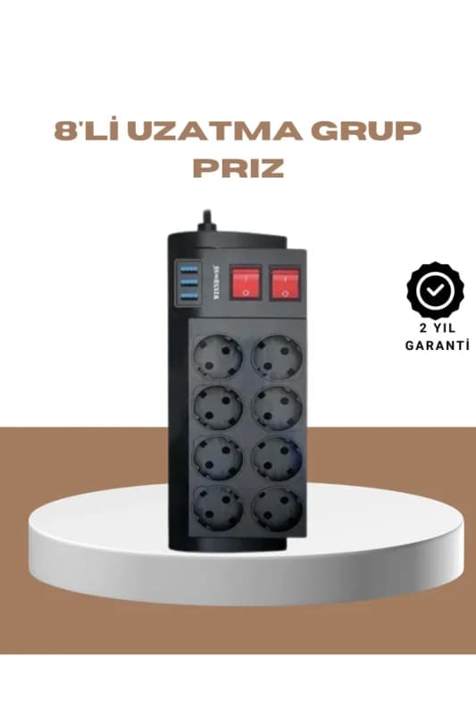 Güçlü Termal Korumalı 8 Priz + 3 USB Çoklu Uzatma Kablosu 2m