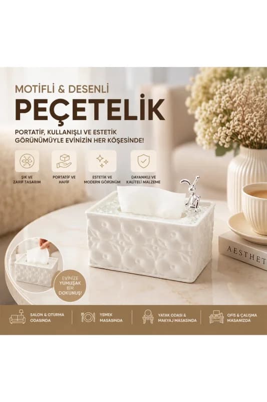 18.4X12.5X9CM Beyaz Yaylı Masaüstü Dekoratif Dikdörtgen Peçetelik