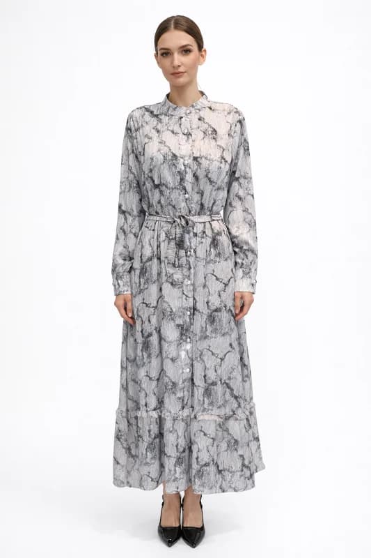 Desenli Saten Elbise 13257 Siyah