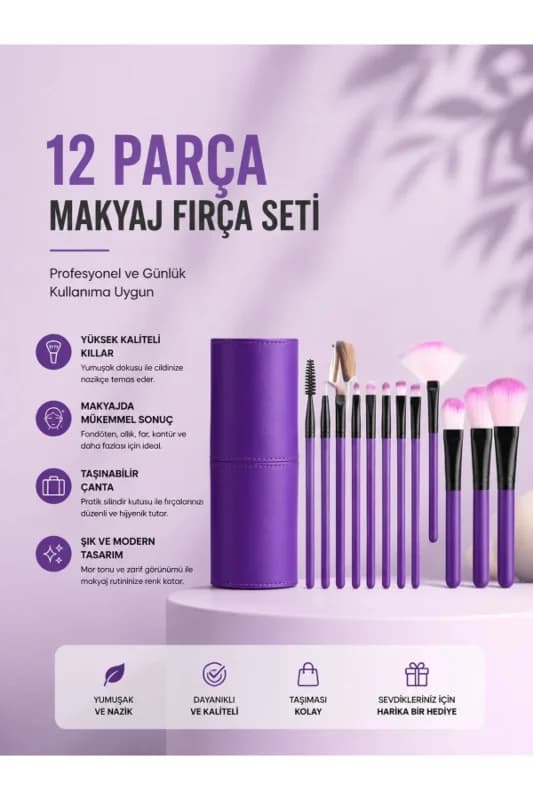 12'li Makyaj Fırça Seti Yumuşak Kıllı Profesyonel Kullanıma Uygun