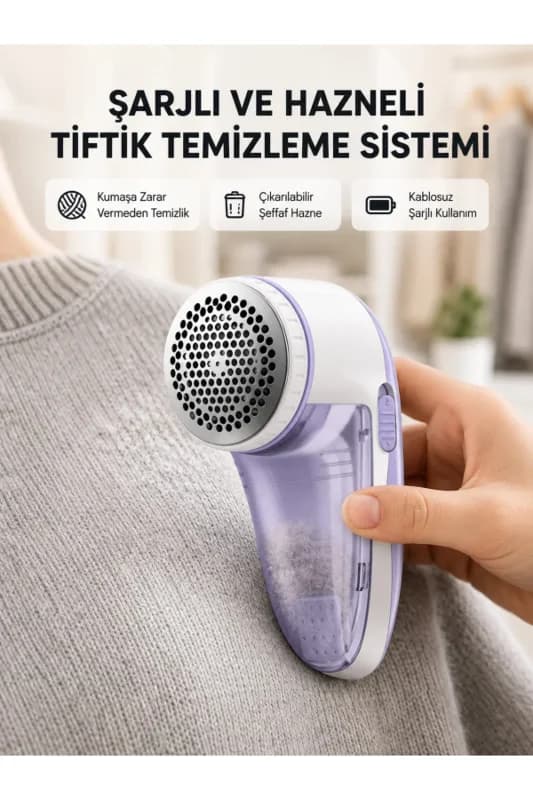 Şarjlı Tiftik Temizleyici – Çıkarılabilir Hazneli, Anti-Statik Fırçalı, USB Şarjlı