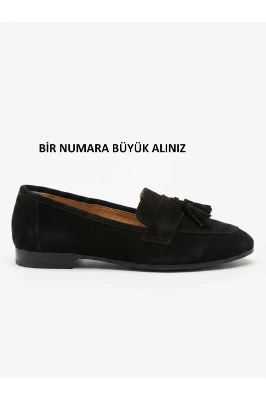 Hakiki Deri Süet Püskül Detaylı Kadın Loafer Ayakkabı