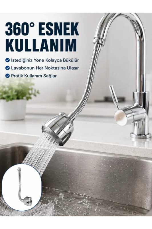Krom Musluk Uzatma Aparatı 360° Dönebilen Su Tasarruflu Lavabo Fıskiyesi