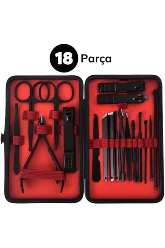 18 Parça Manikür Pedikür Set Kutusu Çelik Deri Çantalı Bakım Seti