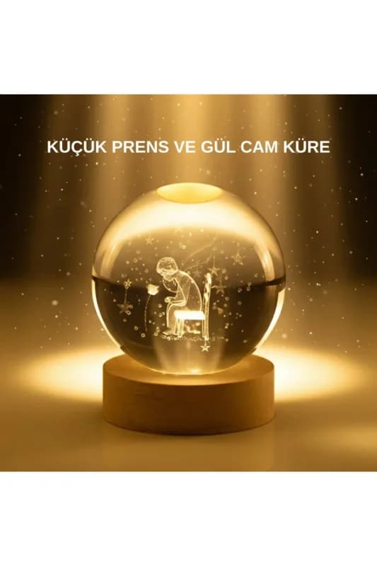 Küçük Prens Cam Küre USB Işıklı Ahşap Standlı Büyük Boy