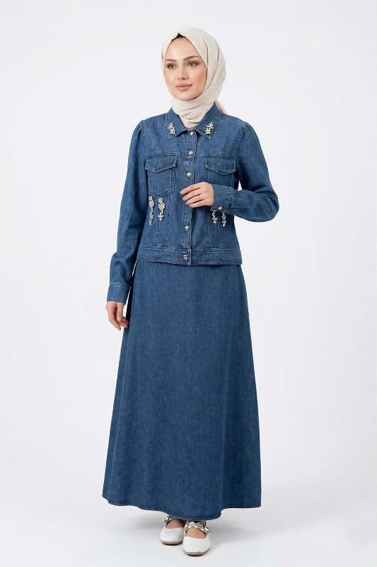 Taş Detaylı Etekli Kot Takım 19527 Denim