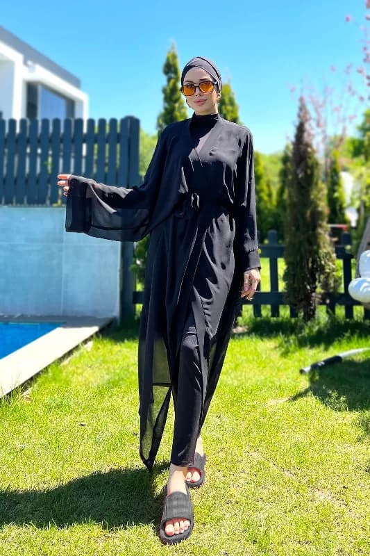 Remsa Tesettür Mayo Üzerine Tek Kaftan Kimono Pareo Düz Siyah RP004 Hatice