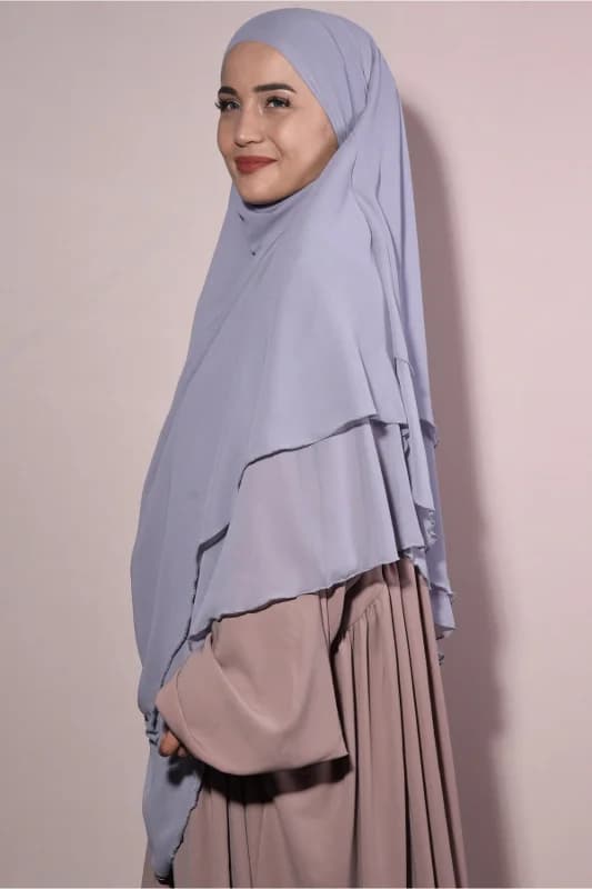 Hazır Peçeli Üç Katlı Sufle Khimar Gri - Gri