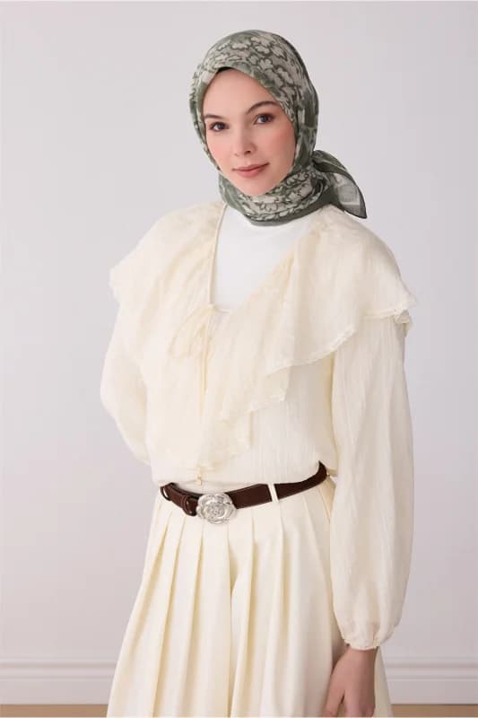 Fresh Çiçek Desen Haki Bej Rozy Eşarp 3335 - 03