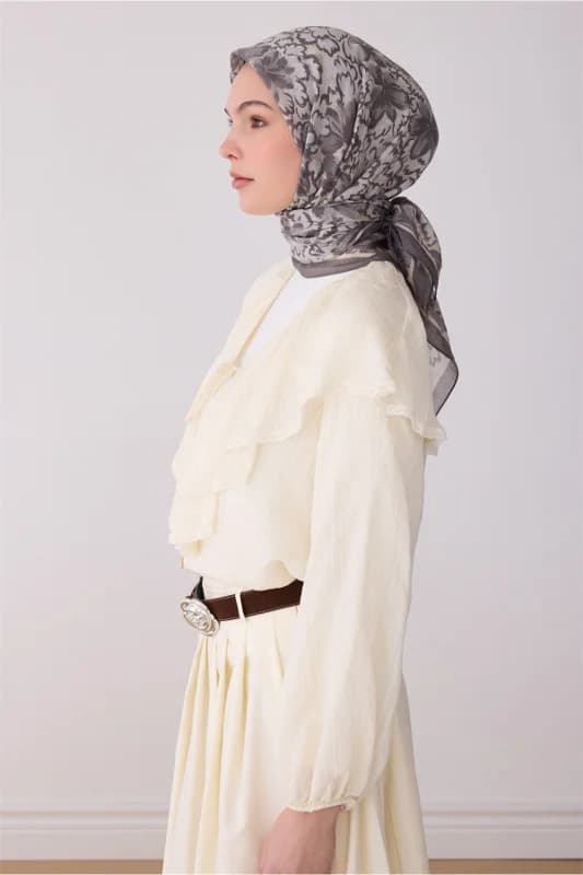Fresh Çiçek Desen Gri Kahve Rozy Eşarp 3335 - 05