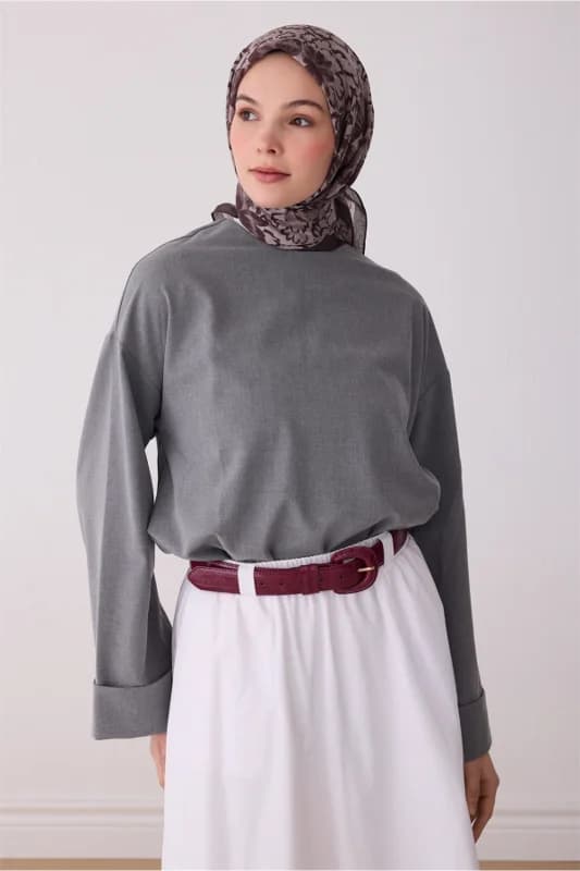 Fresh Çiçek Desen Kahve Gri Rozy Eşarp 3335 - 29