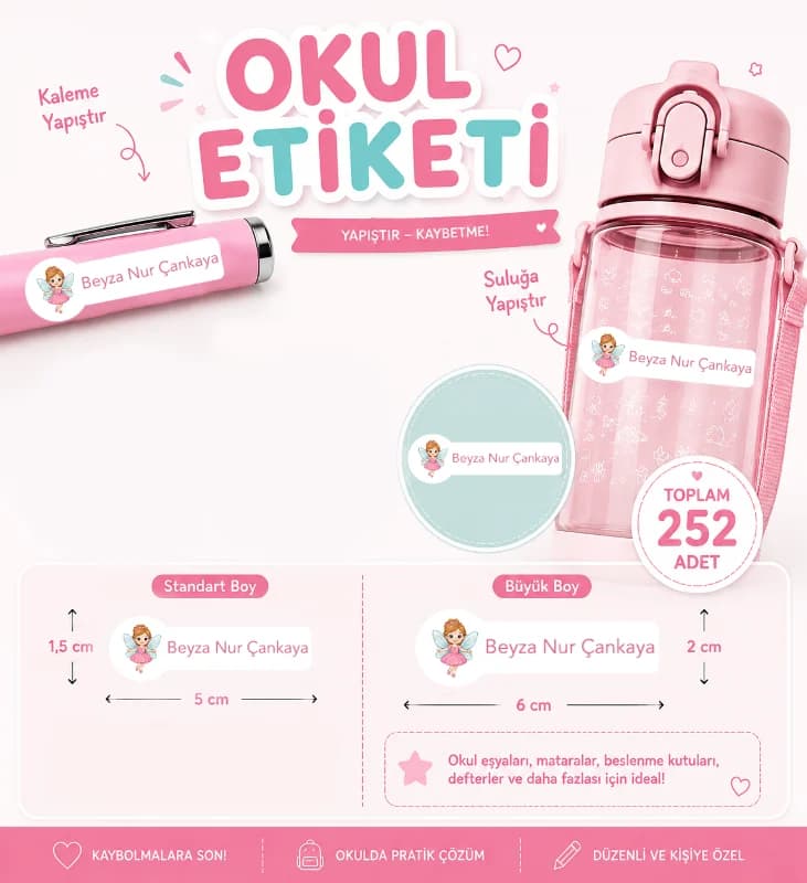 Kişiye Özel Pastel Mat Renkli Okul Etiketi Seti 252 Adet - Peri Serisi Isim Etiketi (Kalem, Suluk, Defter)