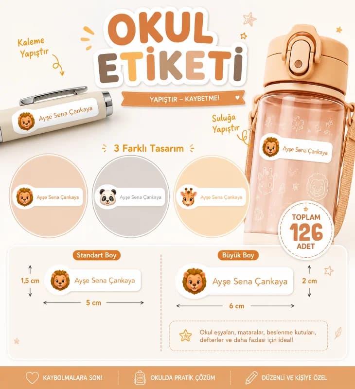 Kişiye Özel Pastel Mat Renkli Okul Etiketi Seti - Hayvanlar Serisi Isim Etiketi (Kalem, Defter)