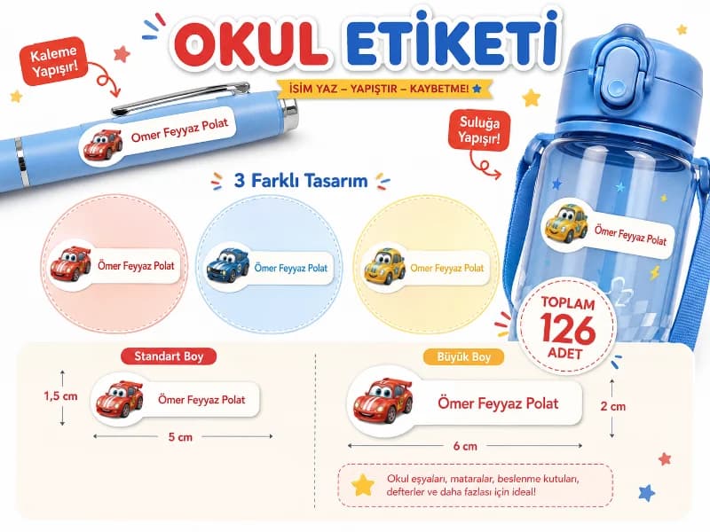 Kişiye Özel Pastel Mat Renkli Okul Etiketi Seti - Arabalar Serisi Isim Etiketi (Kalem, Defter)