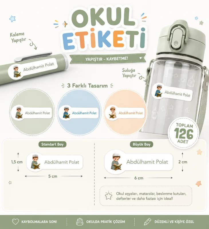 Kişiye Özel Pastel Mat Renkli Okul Etiketi Seti - Islami Erkek Serisi Isim Etiketi (Kalem, Defter)