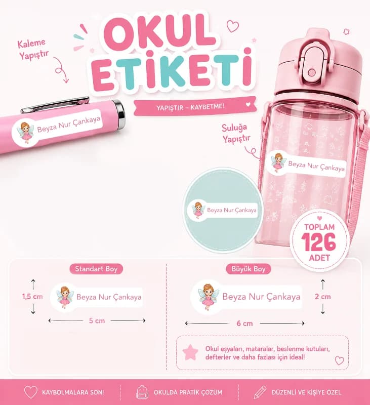 Kişiye Özel Pastel Mat Renkli Okul Etiketi Seti - Peri Serisi Isim Etiketi (Kalem, Defter)