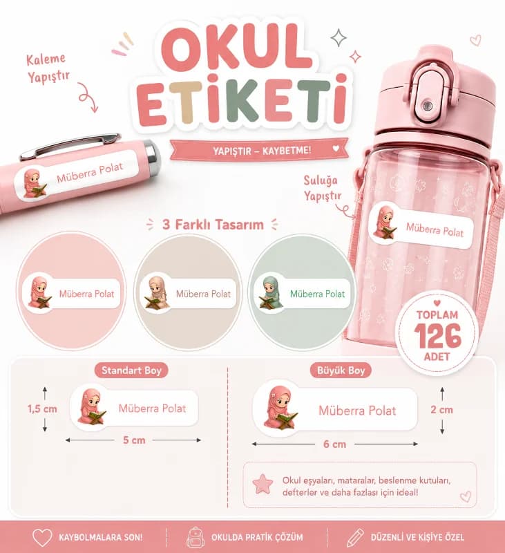 Kişiye Özel Pastel Mat Renkli Okul Etiketi Seti - Islami Kız Çocuk Serisi Isim Etiketi (Kalem, Defter)