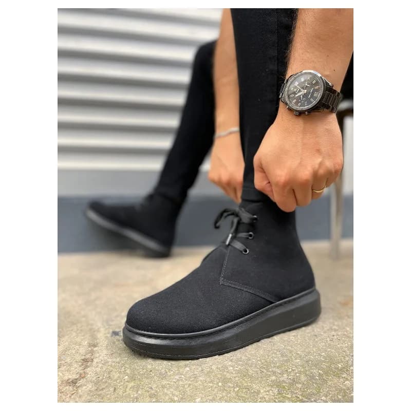 Pabucmarketi Siyah Süet (Siyah Taban) Bağcıklı Erkek Sneaker Bot