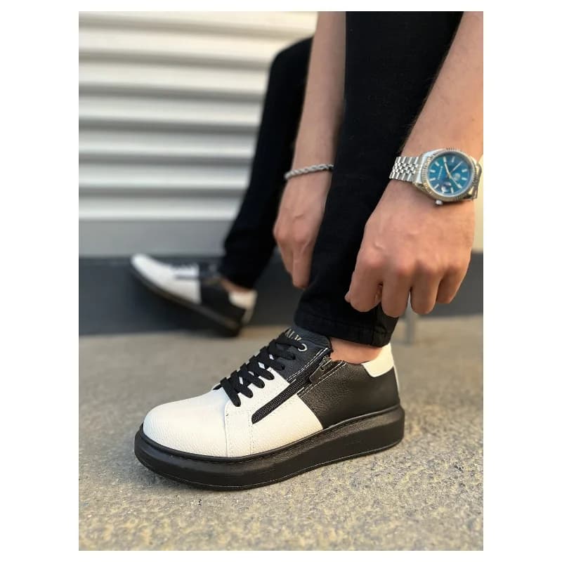 Pabucmarketi Beyaz Siyah (Siyah Taban) Bağcıklı Fermuarlı Erkek Sneaker