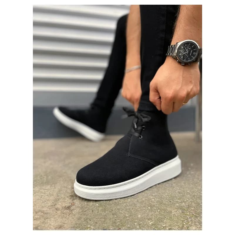 Pabucmarketi Siyah Süet (Beyaz Taban) Bağcıklı Erkek Sneaker Bot