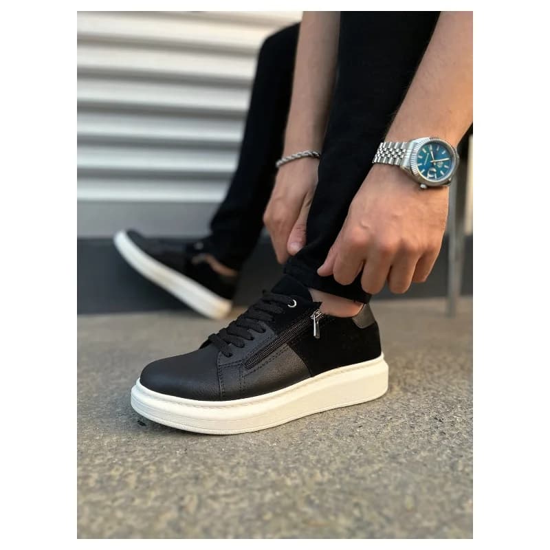 Pabucmarketi Siyah (Beyaz Taban) Siyah Süet Detaylı Bağcıklı Fermuarlı Erkek Sneaker