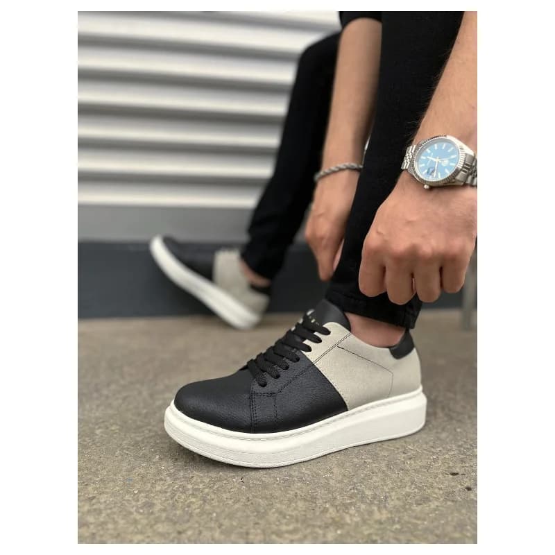 Pabucmarketi Siyah (Beyaz Taban) Gri Süet Detaylı Bağcıklı Erkek Sneaker