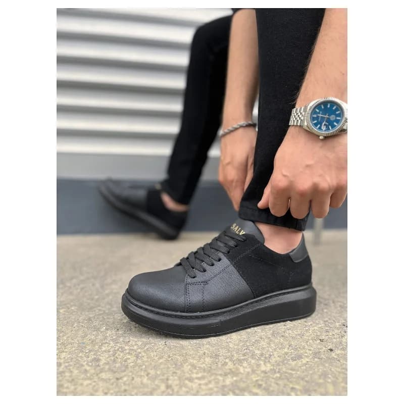 Pabucmarketi Siyah (Siyah Taban) Siyah Süet Detaylı Bağcıklı Erkek Sneaker