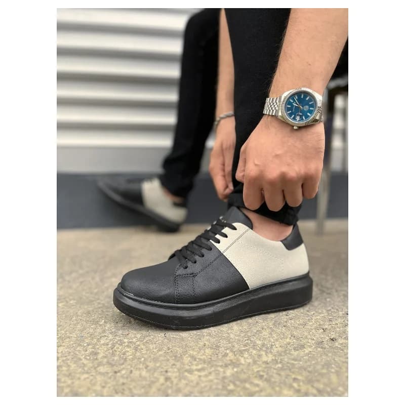 Pabucmarketi Siyah (Siyah Taban) Gri Süet Detaylı Bağcıklı Erkek Sneaker