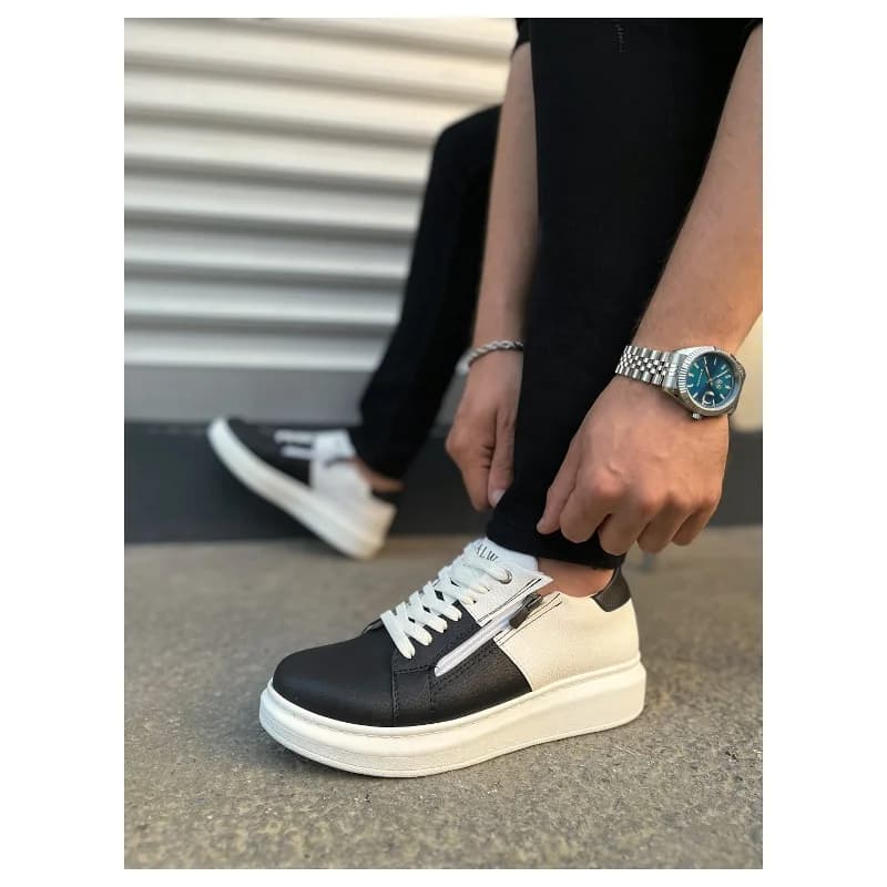 Pabucmarketi Siyah Beyaz (Beyaz Taban) Bağcıklı Fermuarlı Erkek Sneaker