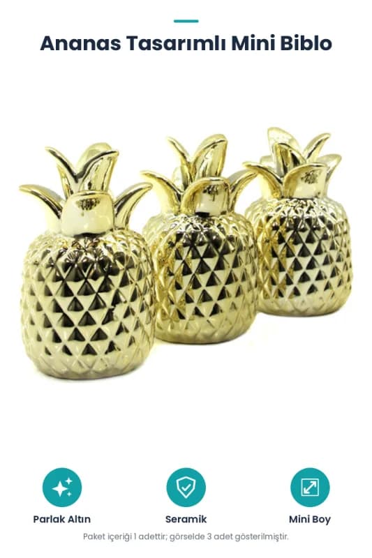 Ananas Tasarımlı Biblo - Mini Boy - Seramik - Parlak Altın - Dekoratif Süs
