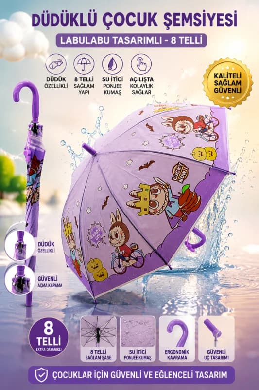 Düdüklü Çocuk Şemsiyesi - Labulabu Tasarımlı - 8 Telli