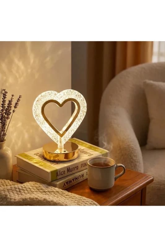 ® Kalp Şeklinde Kristal LED Masa Lambası – Dokunmatik, 3 Renk Işık Modlu, Ş