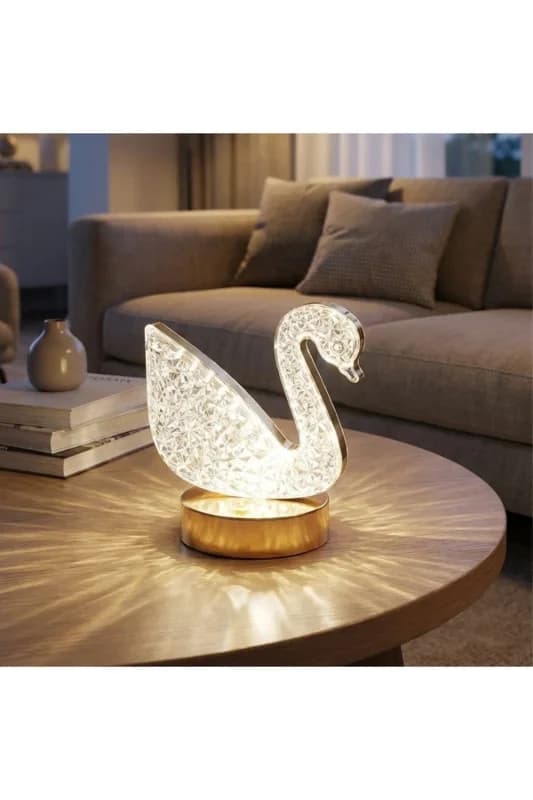® Kuğu Model Kristal LED Masa Lambası – Dokunmatik, 3 Renk Işık Modlu, Şarj
