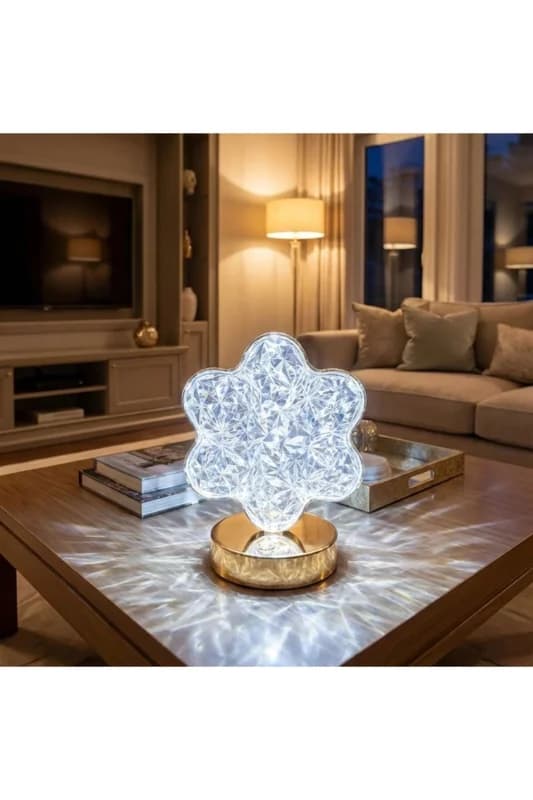 ® Çiçek Model Kristal LED Masa Lambası – Dokunmatik, 3 Renk Işık Modlu, Şa