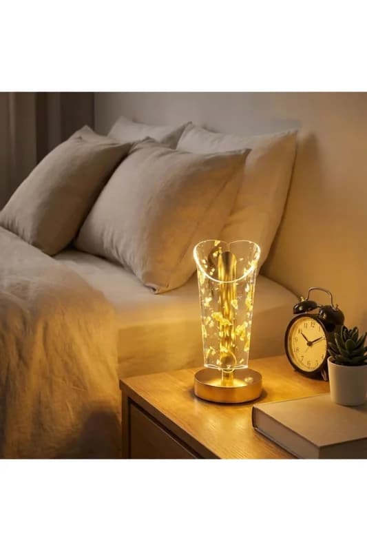 ® Açık Silindirik Kristal Altın Toz Model LED Masa Lambası – Gold Tabanlı,