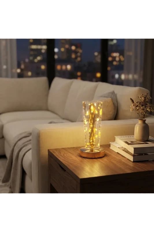 ® Silindirik Kristal Altın Toz Model LED Masa Lambası – Gold Tabanlı, Dokunm