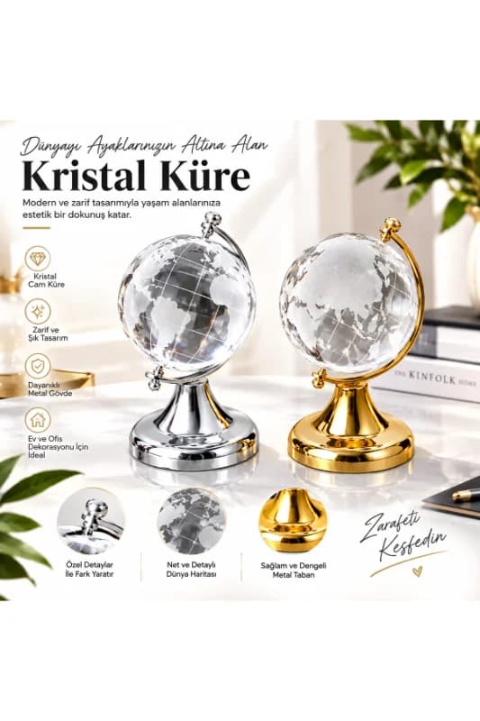 Kristal Küçük Boy Cam Dünya Küresi - Gümüş ve Altın Renkli Ayaklı - Dekoratif Obje