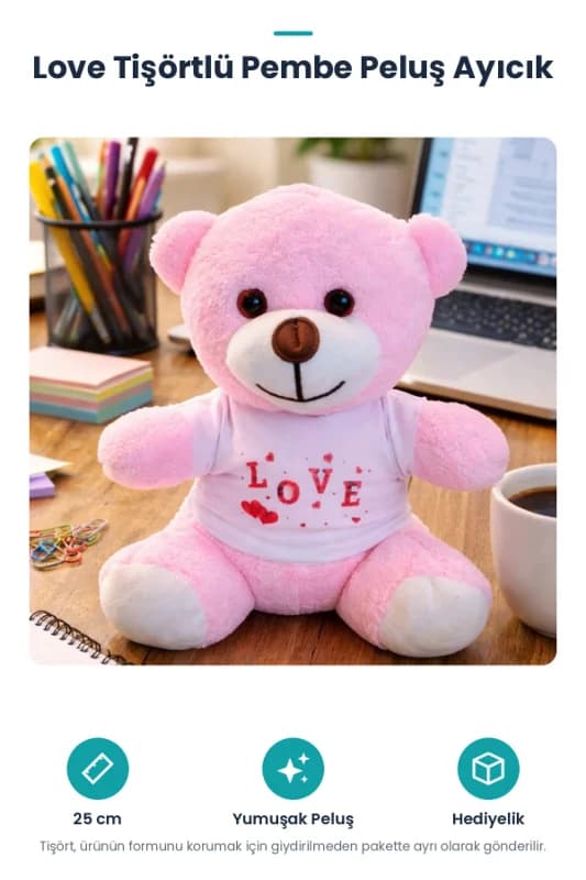 Love Tişörtlü Pembe Peluş Ayıcık