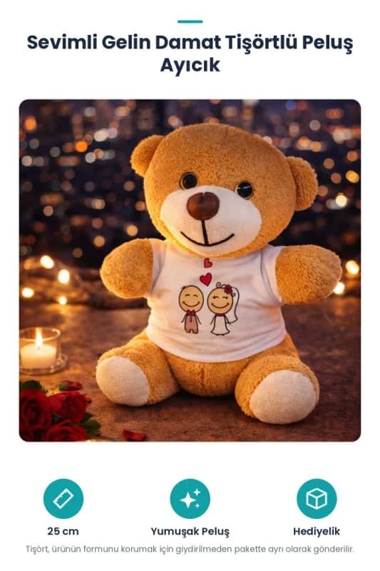 Sevimli Gelin Damat Tişörtlü Peluş Ayıcık